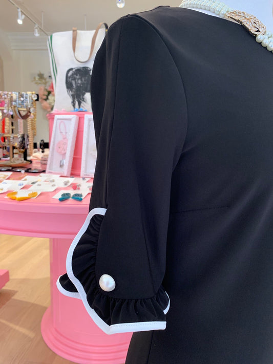 Black Dress w/Ruffled Sleeve & Pearl Detail