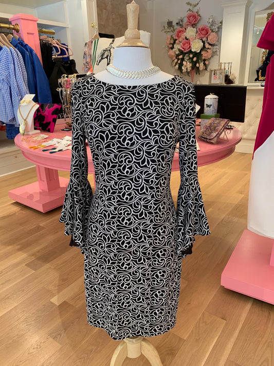 Black & Silver Dress w/Draped Bell Sleeves