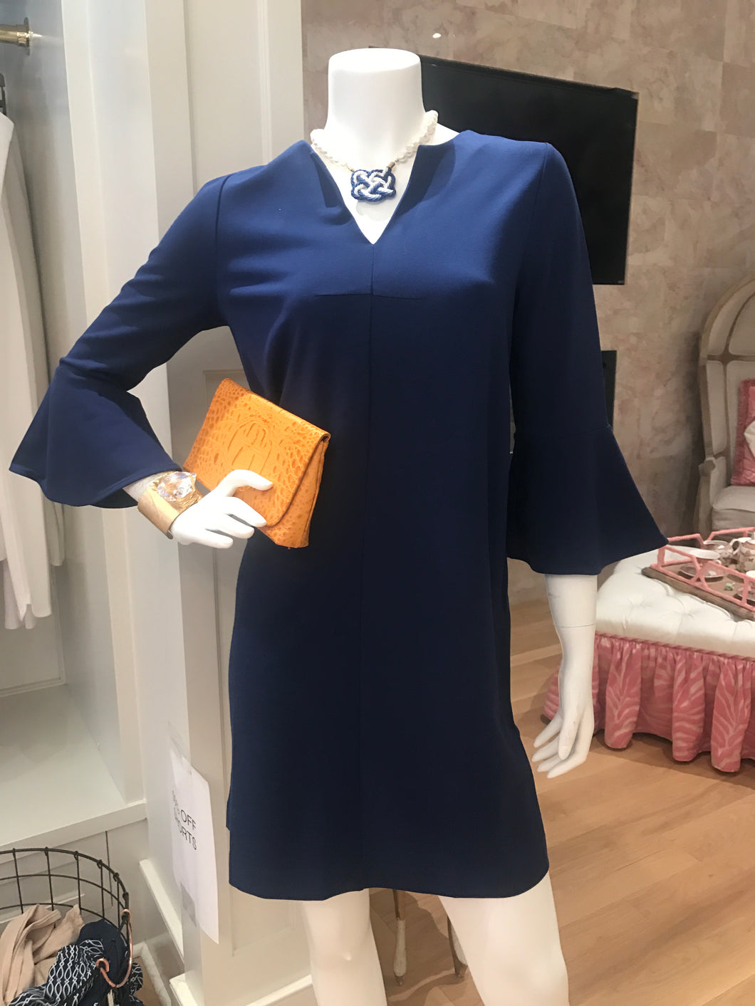 Joan Vass Blue V-Neck Bell Sleeve Dress