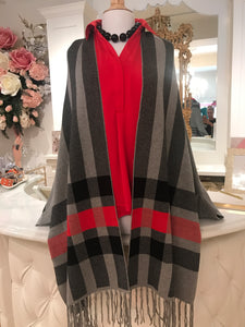 Grey and Red Plaid Poncho