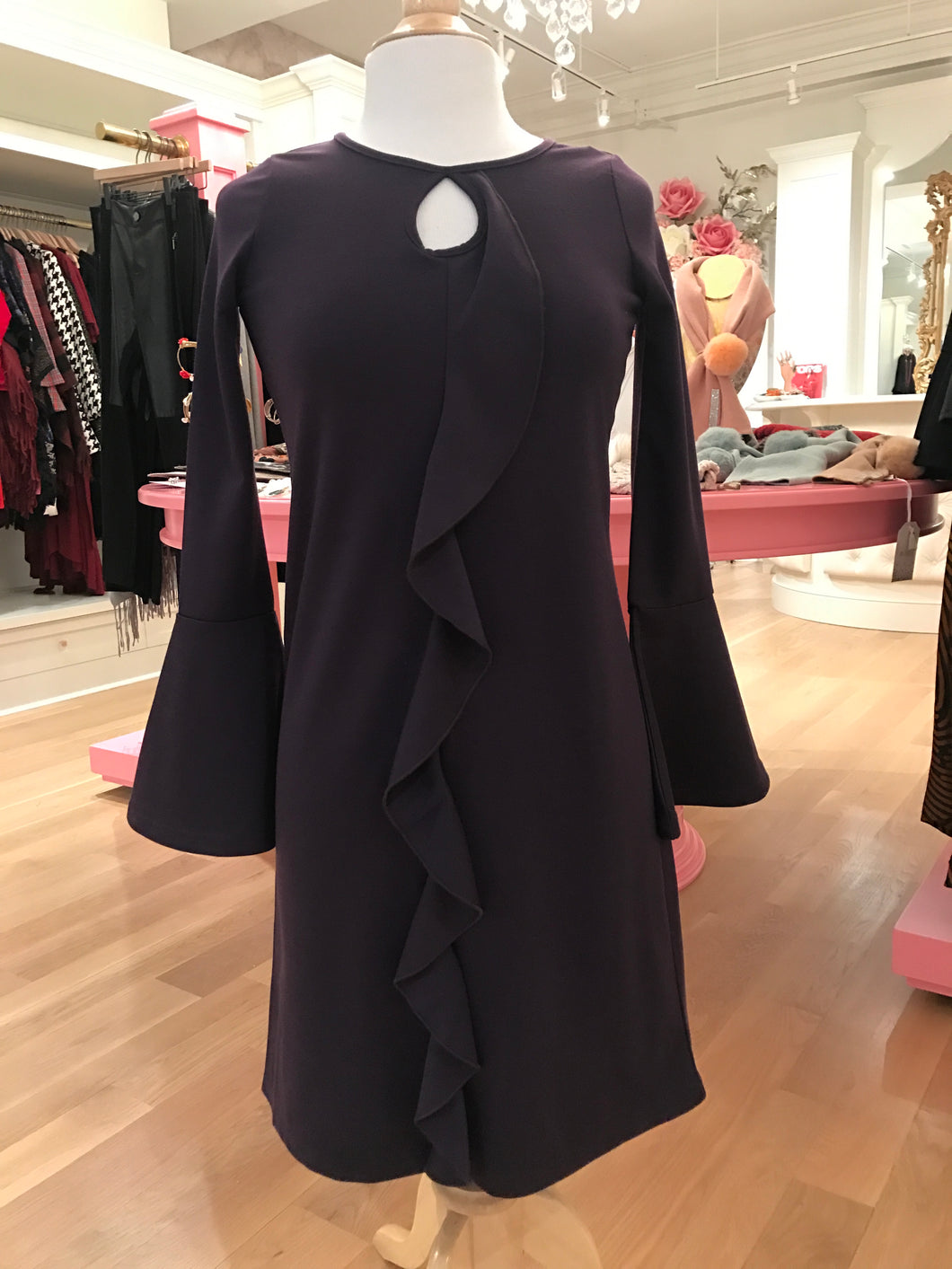 Purple Bell Sleeve Dress w/Ruffled Front