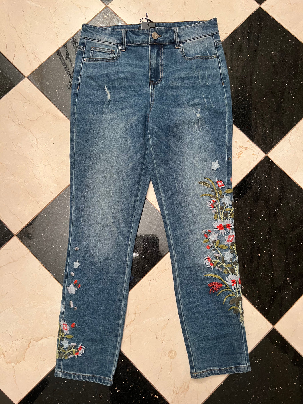 Medium Wash Denim w/Floral Embroidery