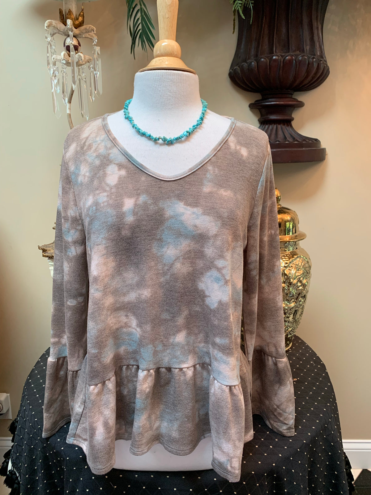 Mocha & Blue Tie Dye Ruffle Top