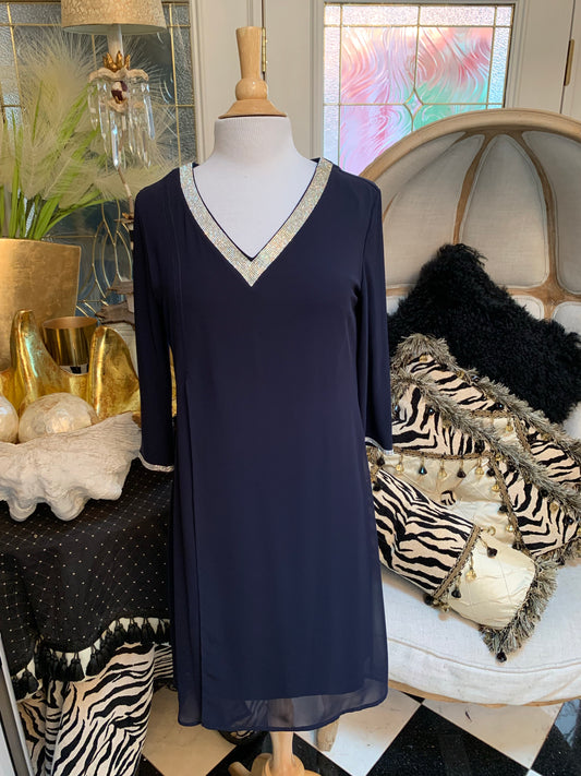 Midnight Navy Dress w/Rhinestone Detail