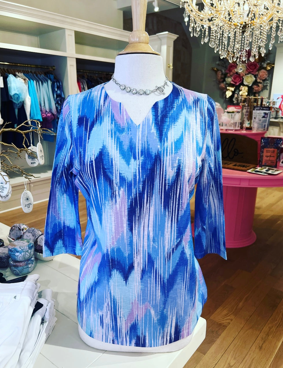 Blue Abstract Notch Neck Top