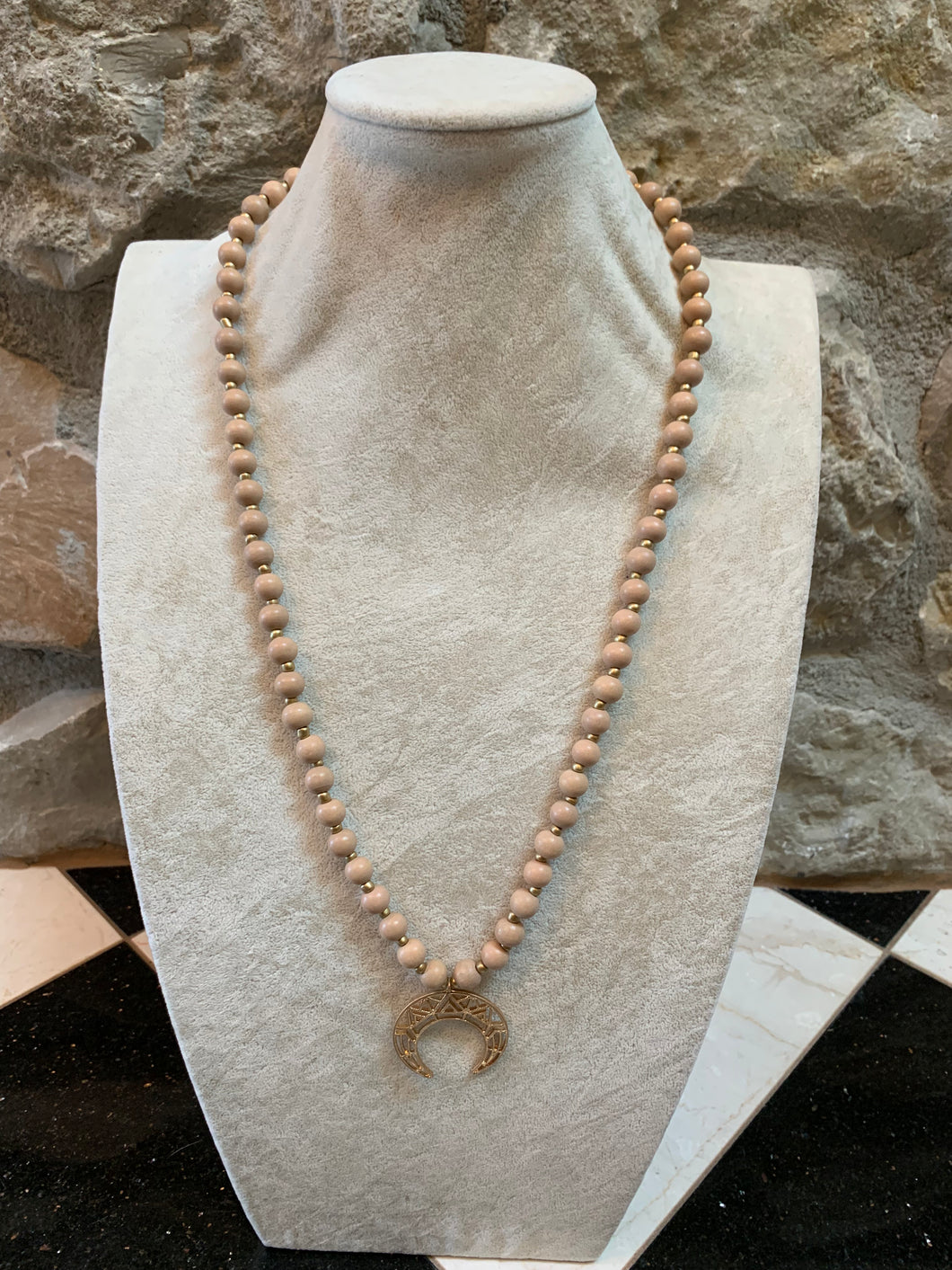 Metal Horn Pendant Wood Necklace