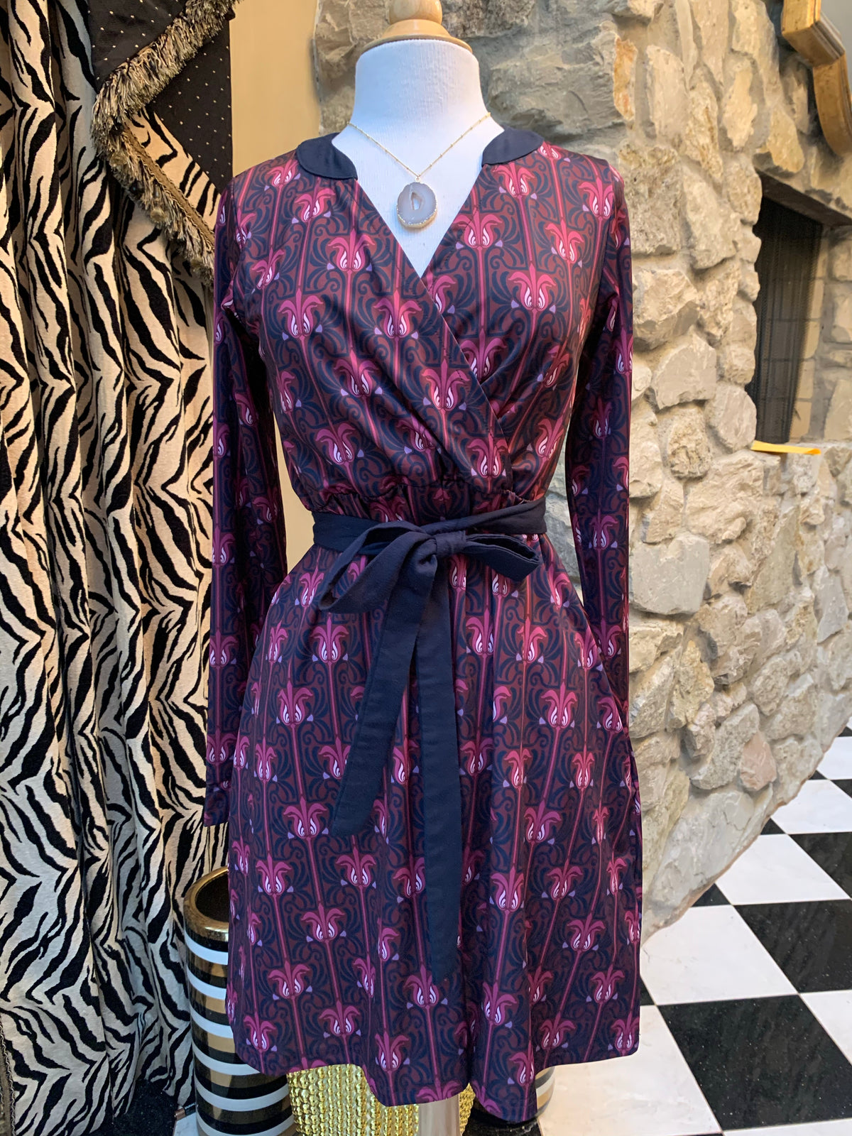 Plum & Navy Faux Wrap Dress