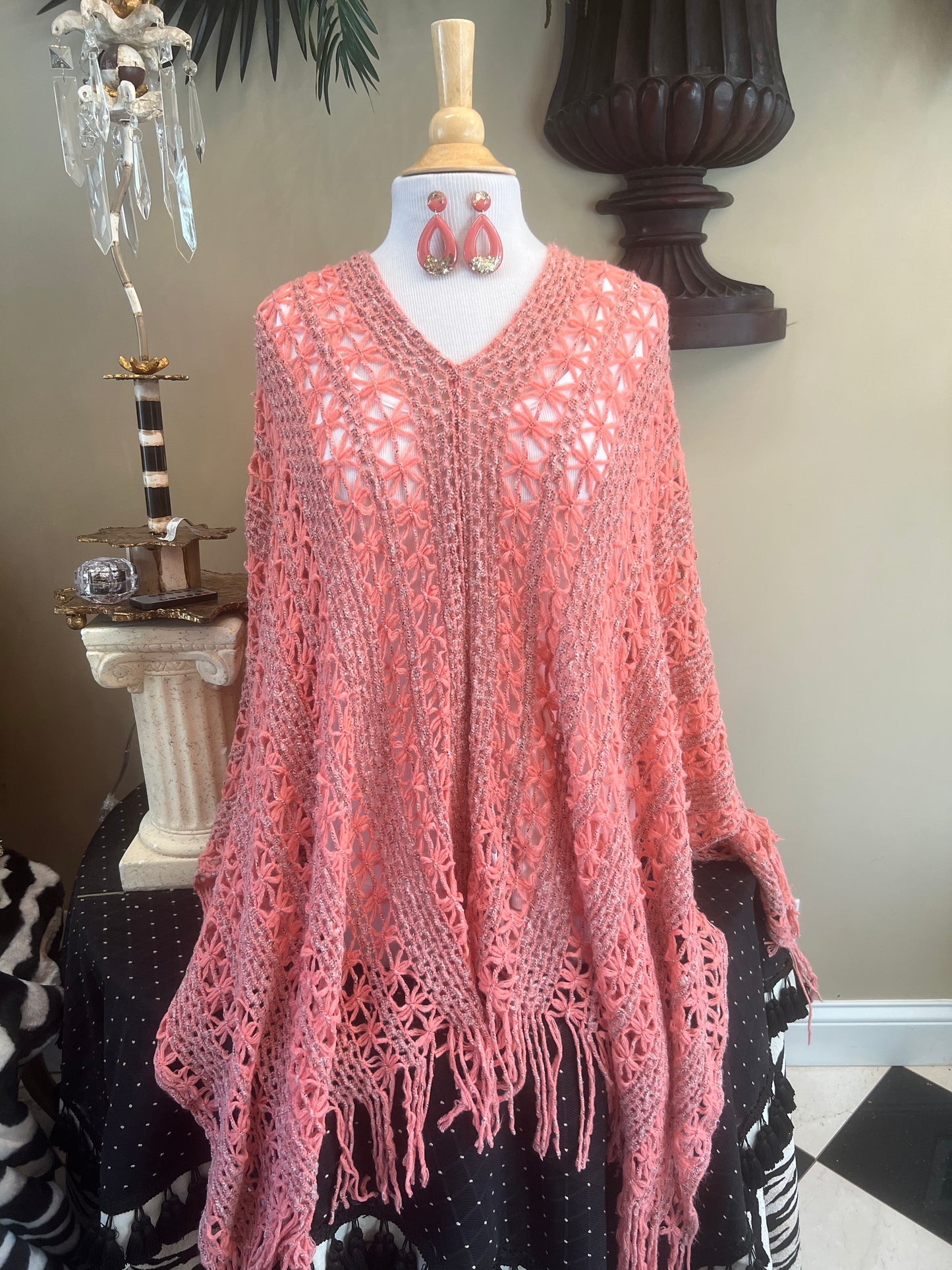 Coral Knit Daisy Poncho