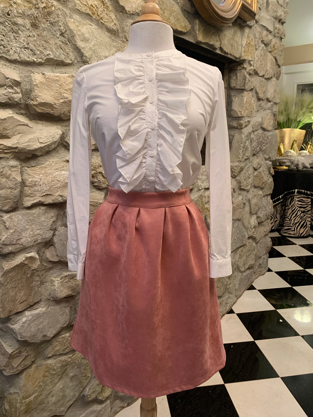 White Long Sleeve w/Ruffled Neckline