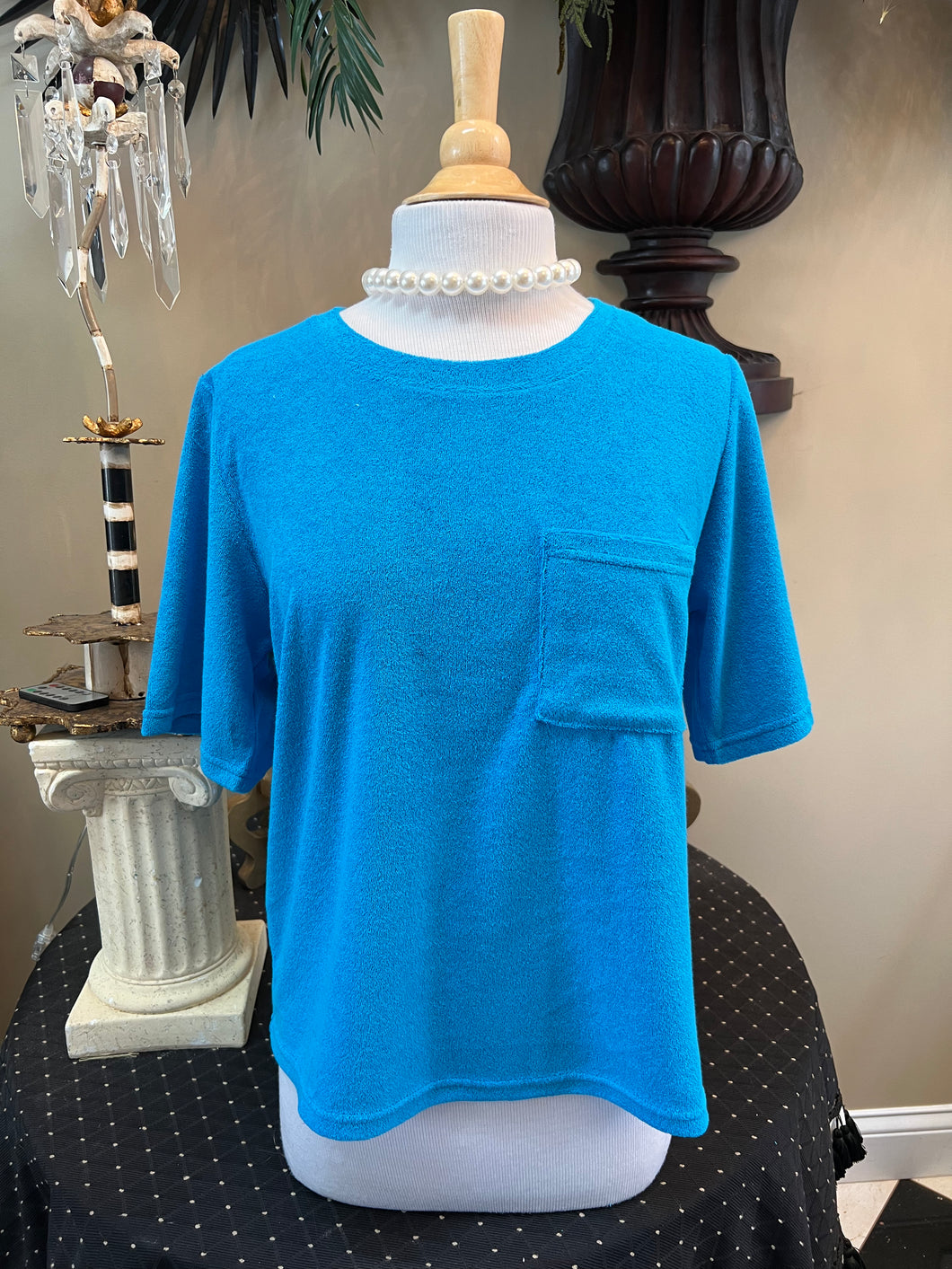 Aqua Blue Terry Cloth Pocket T-Shirt