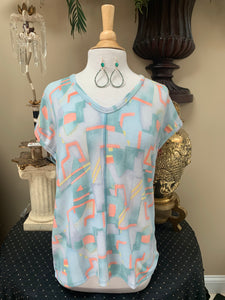 *Curvy* Teal Abstract Short Sleeve Top