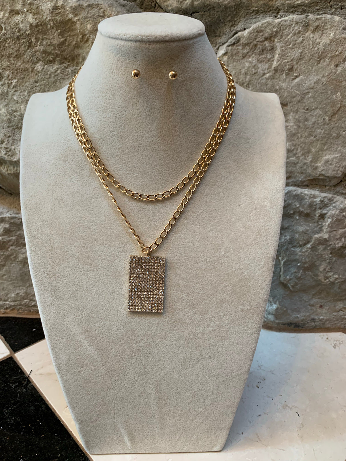 Rhinestone Square Layered Necklace Set