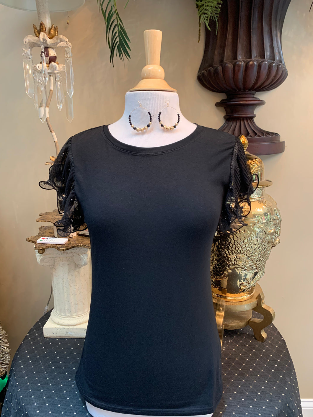 Black Top w/Sheer Ruffled Sleeve
