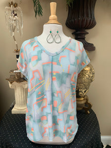 Teal Abstract Short Sleeve Top
